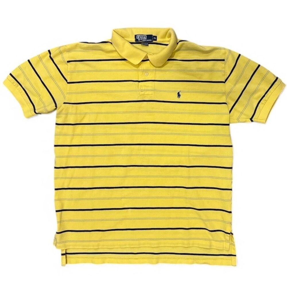 Polo Ralph Lauren Polo Shirt Mens L/XL Yellow Navy Stripe Short Sleeve Cotton